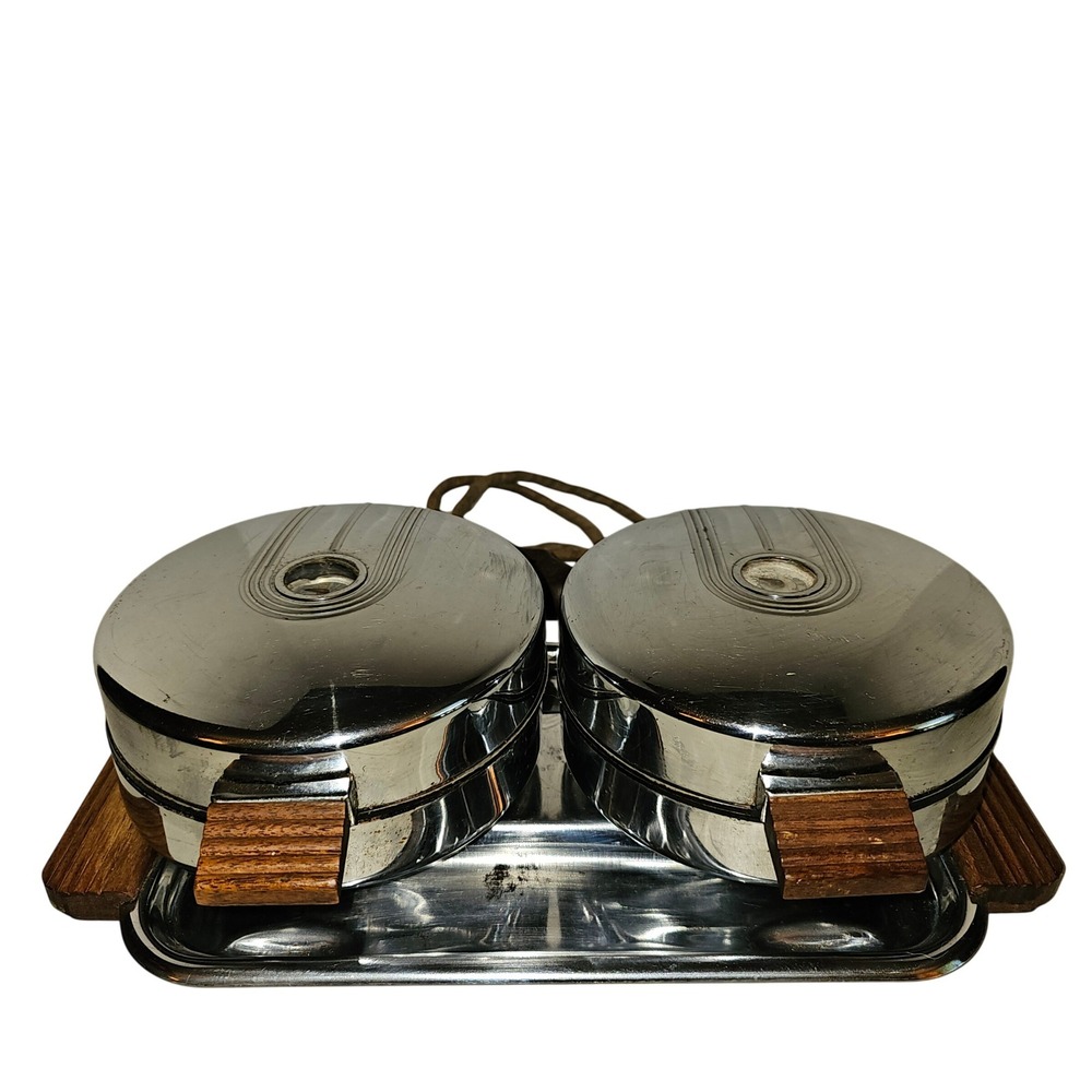 Art Deco Dominion Electric Double Waffle Iron Style 625 Chrome Wood Works MCM